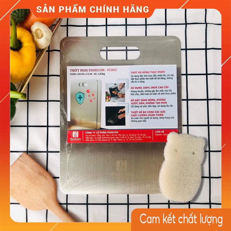 Thớt inox kháng khuẩn nặng 1,05kg sản xuất Việt Nam Foodcom005 không mùn không ẩm mốc giã đông thực phẩm nhanh