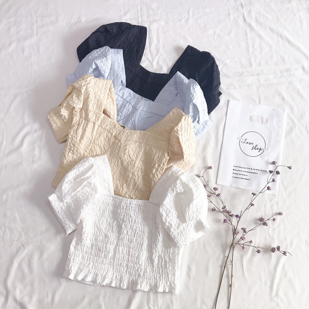 ❧♣♨Áo xốp chun croptop cổ vuông tay phồng Lovi | BigBuy360 - bigbuy360.vn