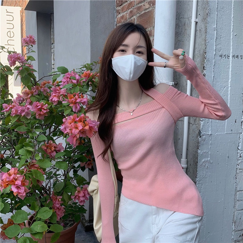 Áo dệt kim trễ vai dáng ôm phong cách Hàn Quốc thời trang cho nữ