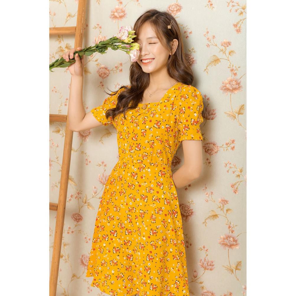 [Freeship] Váy Hoa Nhí, Váy hoa dáng xòe màu vàng cổ vuông đính khuy tay phồng đủ 4 size S M L XL e1058 [Ảnh thật] đẹp