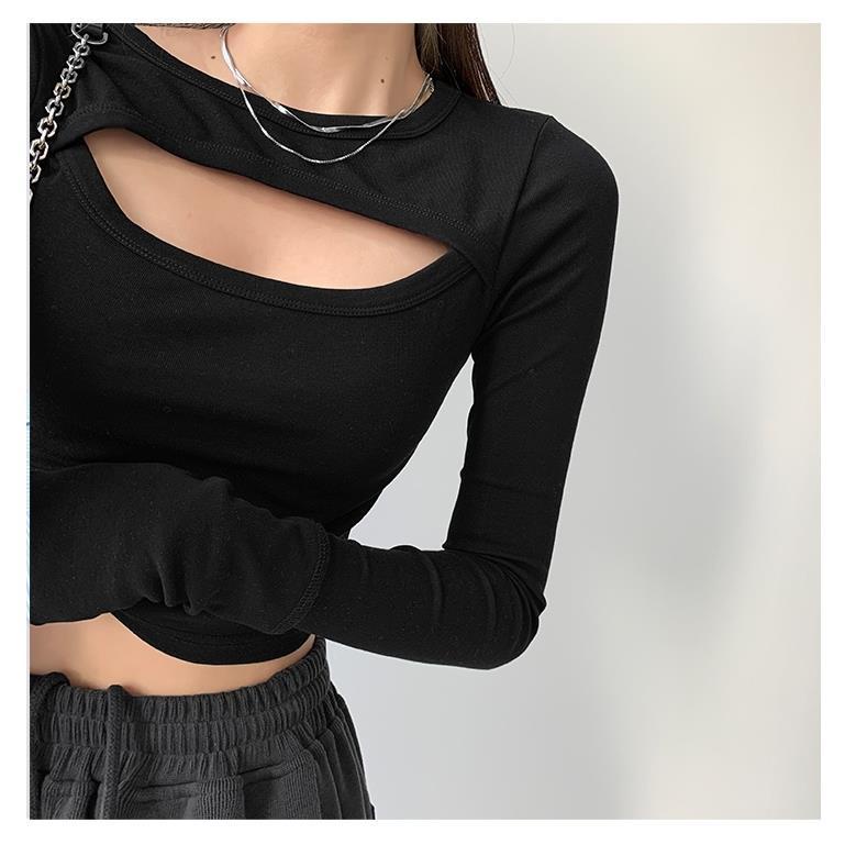 Áo thun COZOK tay dài dáng ôm thiết kế khoét lỗ thời trang quyến rũ cho nữ