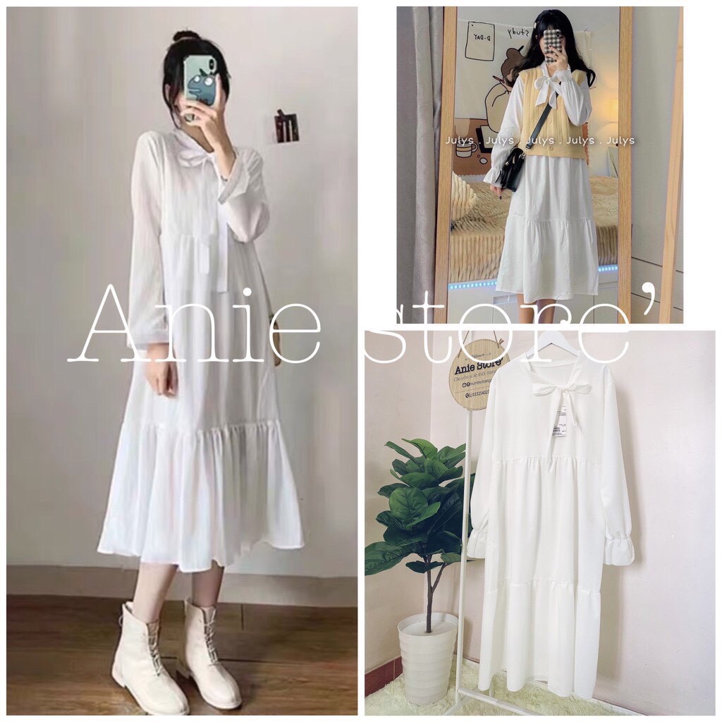 Váy đầm nữ BabyDoll dáng xòe tay phồng có nơ ngực