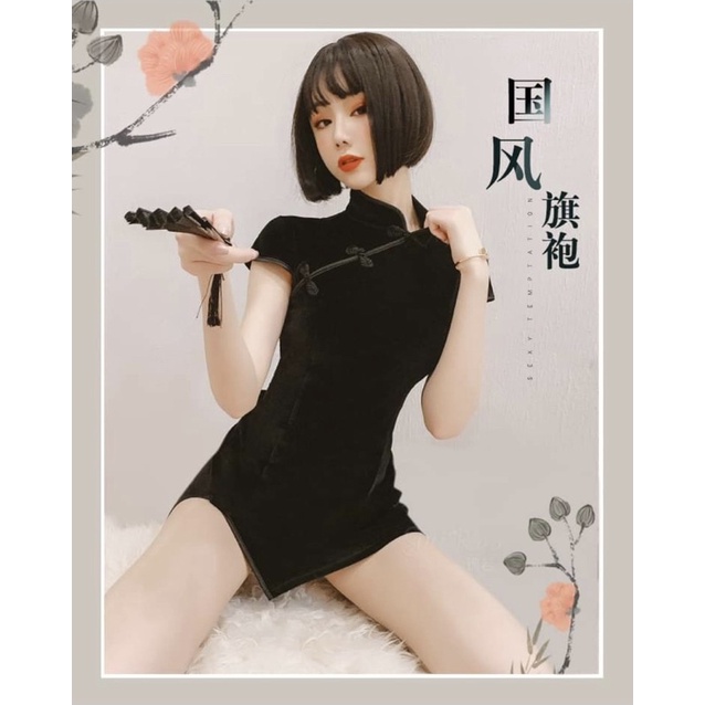 Set sườn xám nhung [ Tặng kèm chip ]  xẻ bên gợi cảm 2 màu đen, hồng | BigBuy360 - bigbuy360.vn