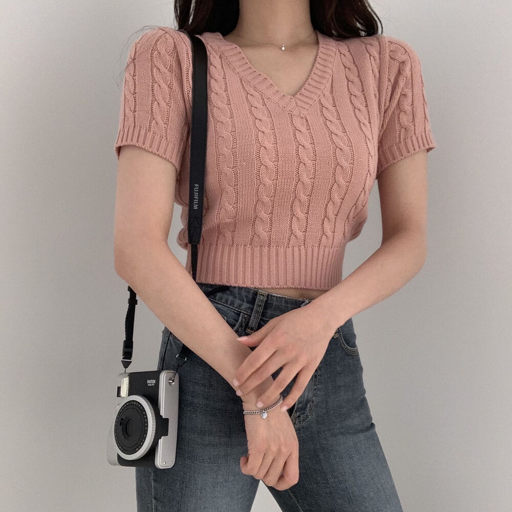 Áo croptop XIAOZHAINV dệt kim ngắn tay cổ chữ V phong cách Hàn Quốc 4 màu lựa chọn thời trang cho nữ
