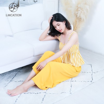 (Mua 1 tặng 1) Đồ Bộ Mặc Nhà LMcation - Áo dây Clara màu sọc vàng & Quần váy dài Mila màu vàng