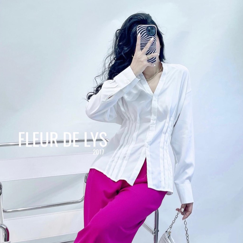 Áo sơ mi trắng Delys áo sơ mi cổ tàu xếp ly nữ