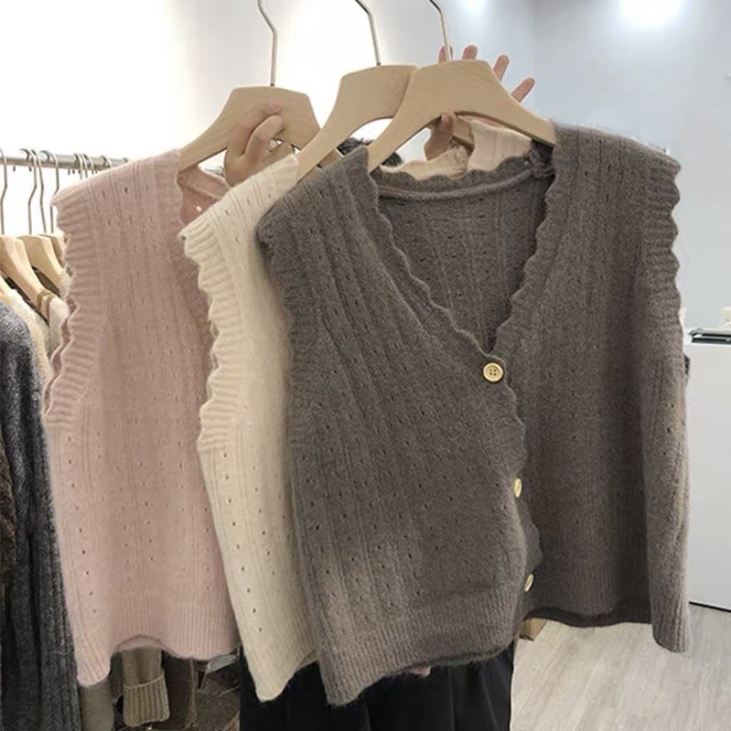 Áo gile len xốp (loại 1) viền lượn sóng cài cúc Ulzzang style Hàng Quảng Châu