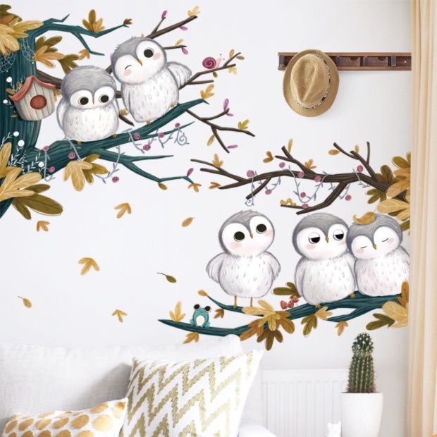 Decal trang trí tường - 5 bạn cú mèo vui vẻ bên nhau