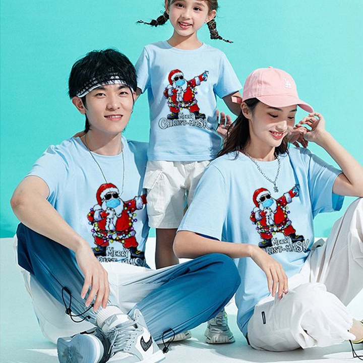Áo Thun Gia Đình Màu Xanh Thiên Thanh In Hình Ông Già NOEL Local Brand DLX Áo Gia Đình Đẹp