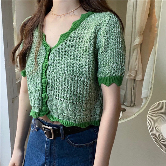 Áo Cardigan Dệt Kim Mỏng Tay Ngắn Cổ Chữ V Dáng Rộng Màu Sắc Thời Trang Dành Cho Nữ