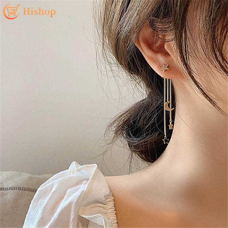 925 Silver Korean Moon Star Tassel Earrings Elegant Lady Women Fashion Jewelry Accessories Gift