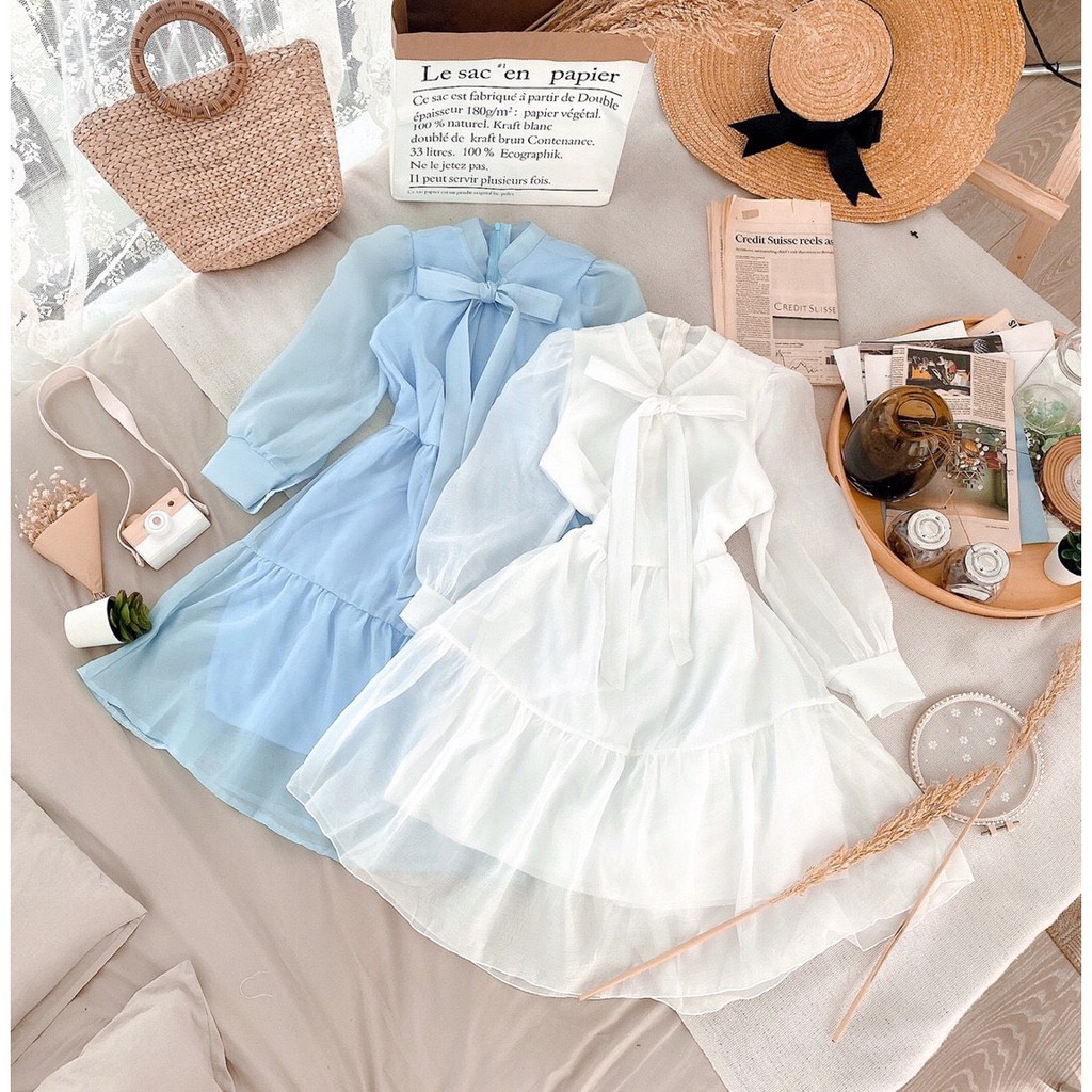 Đầm công sở trắng xanh nơ ngực tơ tầng xinh xắn | BigBuy360 - bigbuy360.vn