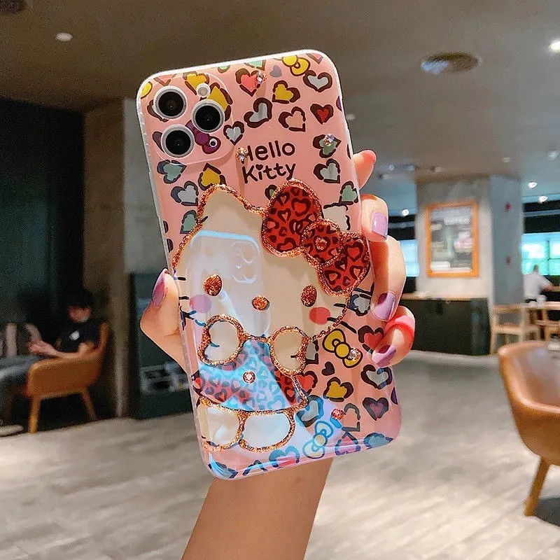 Ốp điện thoại nhựa in Hello Kitty đính kim cương xanh dương cho iPhone se/7/7p/8/8p/x/xs/xs max/xr/11/12/mini/promax