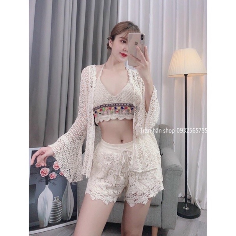 Bộ bơi bikini ren đi biển 3 món (áo bra-choàng tay loe-quần sóc) -Có bán lẻ