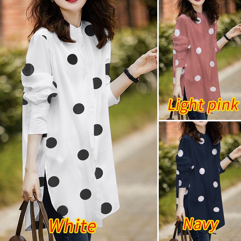 Áo sơ mi ZANZEA tay dài cổ tròn họa tiết chấm bi thiết kế thời trang dành cho nữ