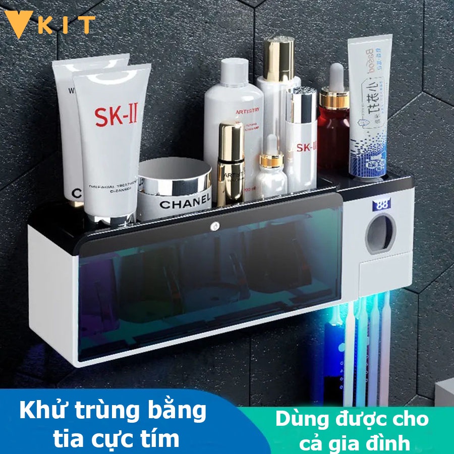 Bộ nhả kem đánh răng tiệt khuẩn bằng tia cực tím (tiệt khuẩn cả cốc+ bàn chải) - Kệ đựng bàn chải đánh răng VKIT