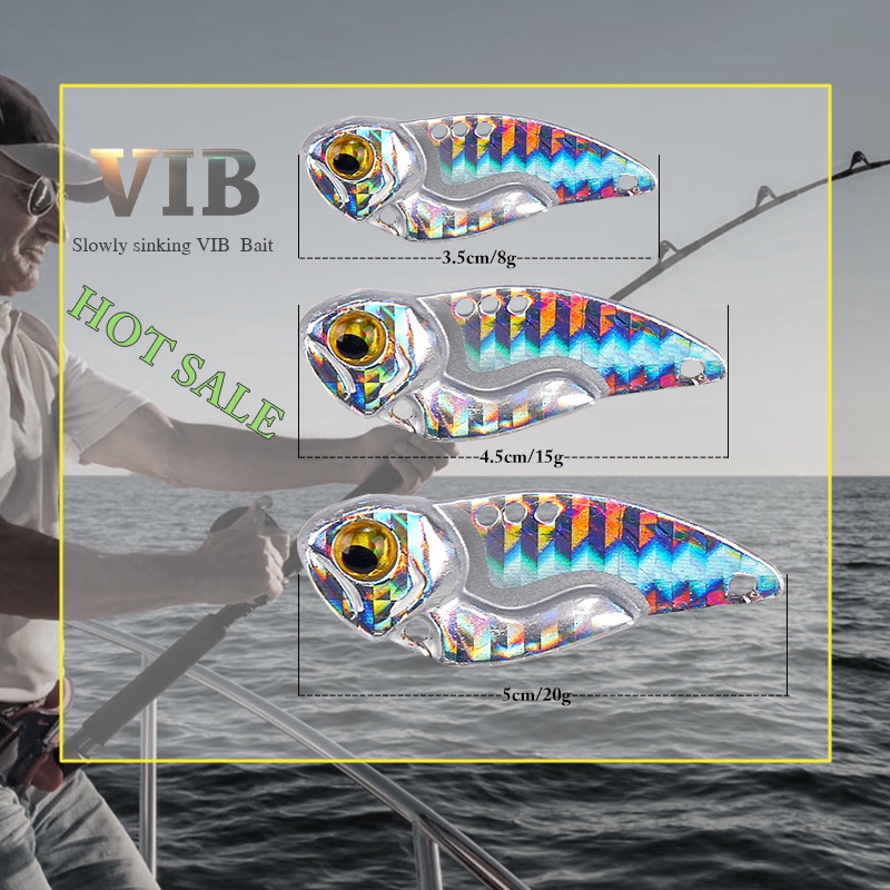 Mồi câu cá biển nhân tạo VIB mắt 3D dạ quang dạng chìm kim loại cứng có lưỡi câu 8 màu sắc tùy chọn 8g/ 15g/ 20g