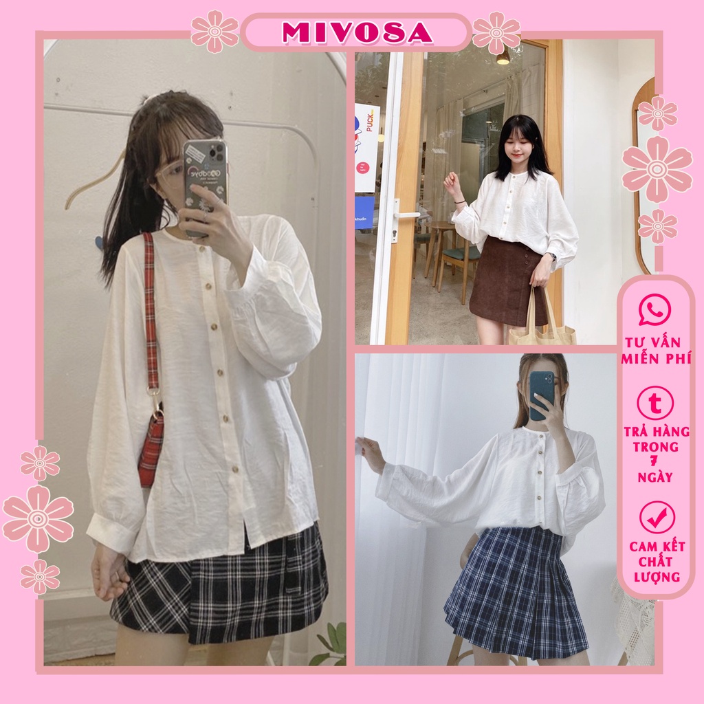 Áo sơ mi đũi hàn cúc dọc tay bồng sơ mi babydoll cổ tròn trắng học sinh MIVOSA SM014