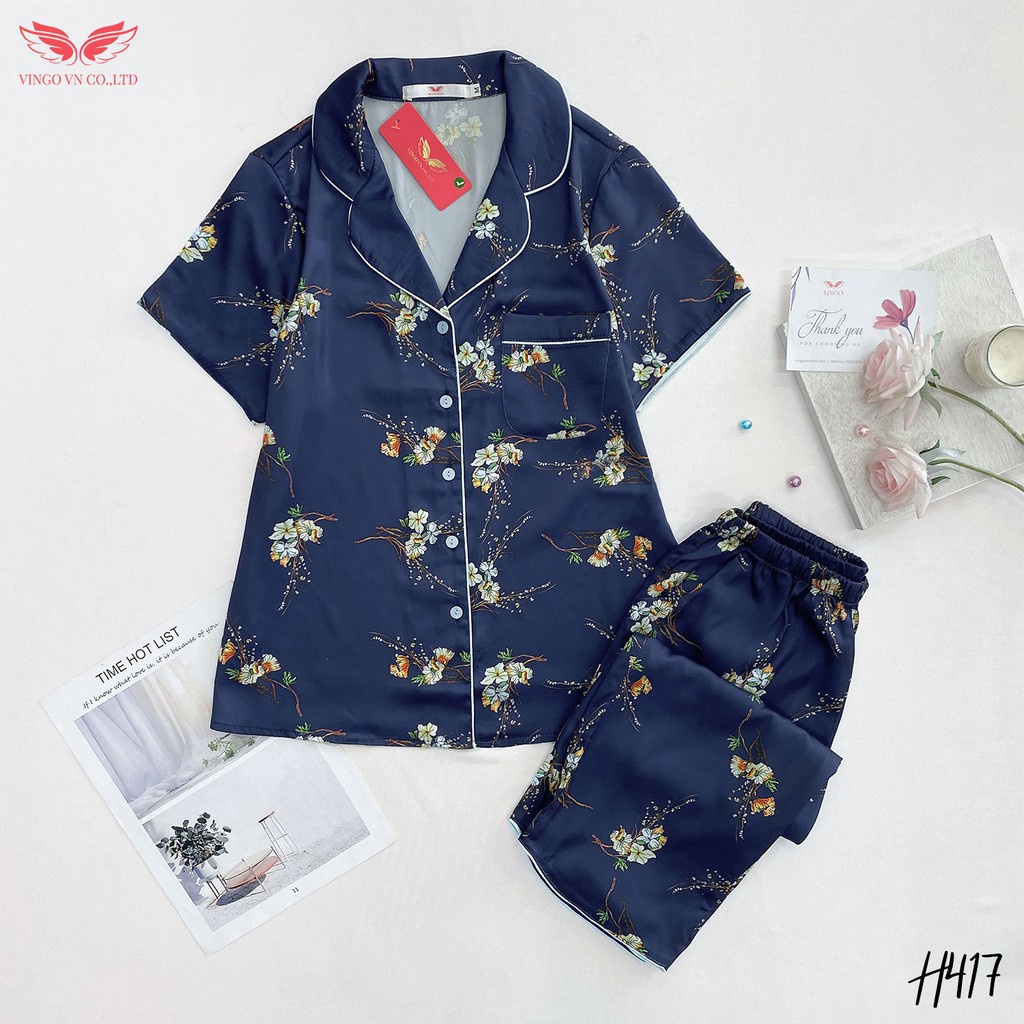 Đồ bộ nữ pijama lụa Pháp mềm mát mặc nhà mùa Hè VINGO tay cộc quần lửng họa tiết cành hoa nền xanh nhã nhặn H417 VNGO