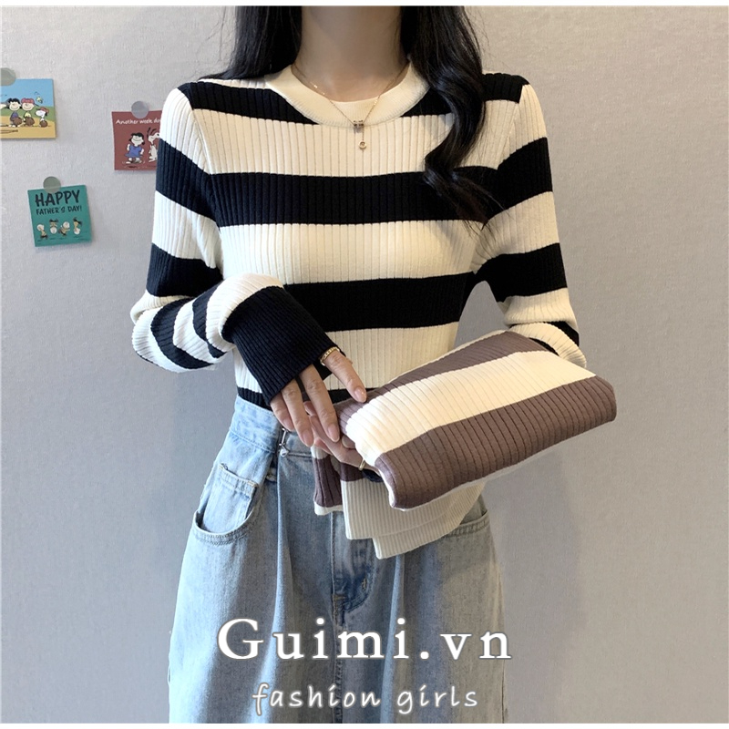 Áo Dệt Kim Tay Dài Dáng Ôm Họa Tiết Kẻ Sọc Thời Trang Xuân Thu Dành Cho Nữ