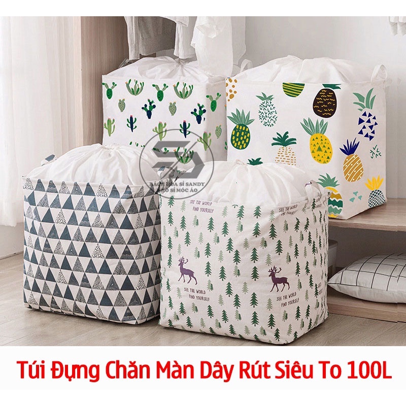 Túi Vải Đựng Chăn Màn Khung Thép Chăc Chắn - Giỏ Đựng Quần Áo Có Dây Rút Gấp Gọn 100L
