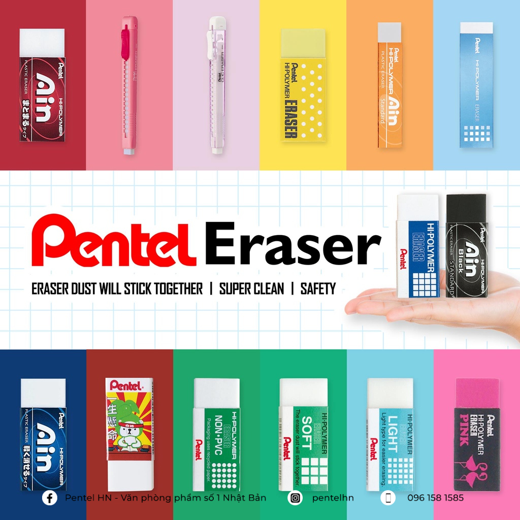 Tẩy Chì Pentel Hi-Polymer ZEH - 05 CME | Nhiều Màu Đa Dạng | Tẩy Sạch/ Không Bụi/ Không Độc Hại | An Toàn Cho Sức Khỏe |