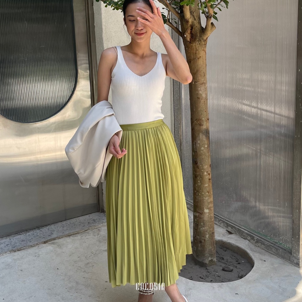 COCO SIN - Váy Midi Xanh Dập Ly