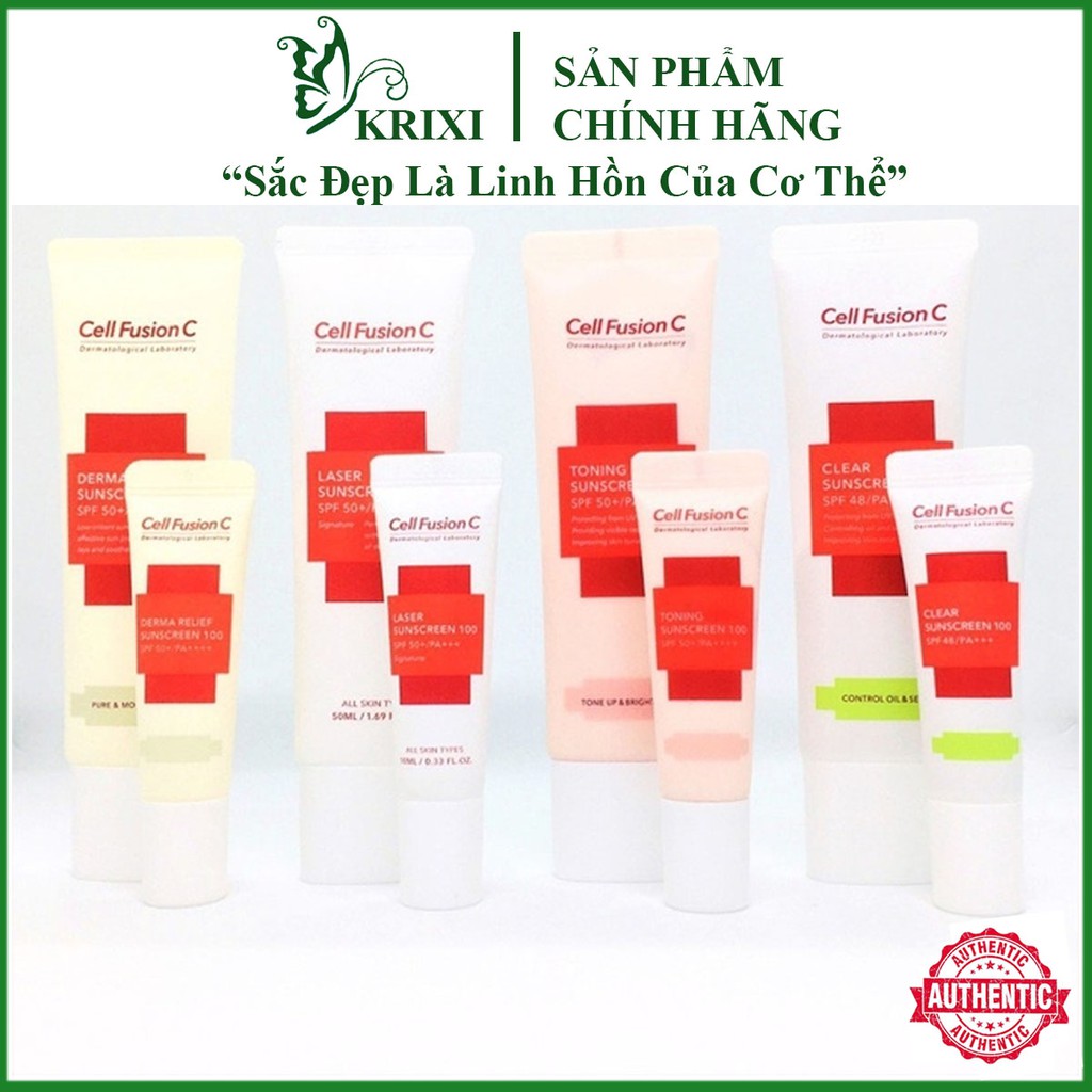 Kem chống nắng cell fusion c Laser / Clear / Toning Suncreen Đỏ / Xanh 50ml - Krixi Cosmetics