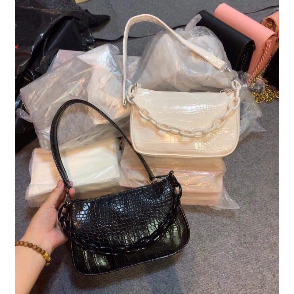 Túi kẹp nách nữ da vân cá sấu dây xích 💖 𝑭𝑹𝑬𝑬𝑺𝑯𝑰𝑷 💖 Túi đeo chéo hàn quốc nữ đẹp viền xích đồng màu 2021