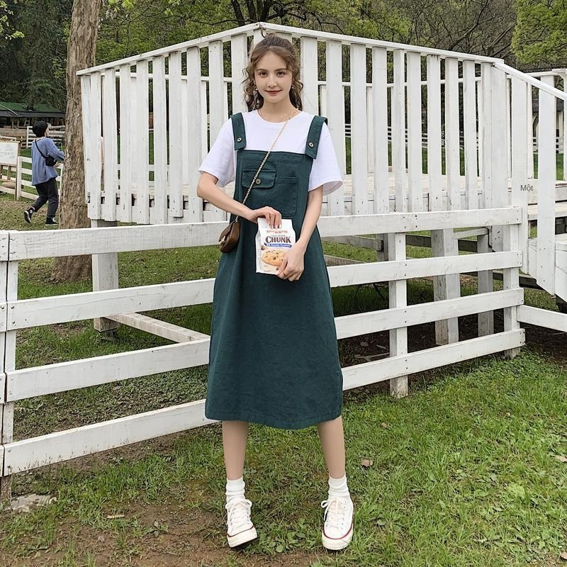 Váy dây denim xanh lá cây Nữ nhỏ tươi mát Mùa hè mới phong cách Hàn Quốc lỏng lẻo Học sinh phù hợp với dài tru
