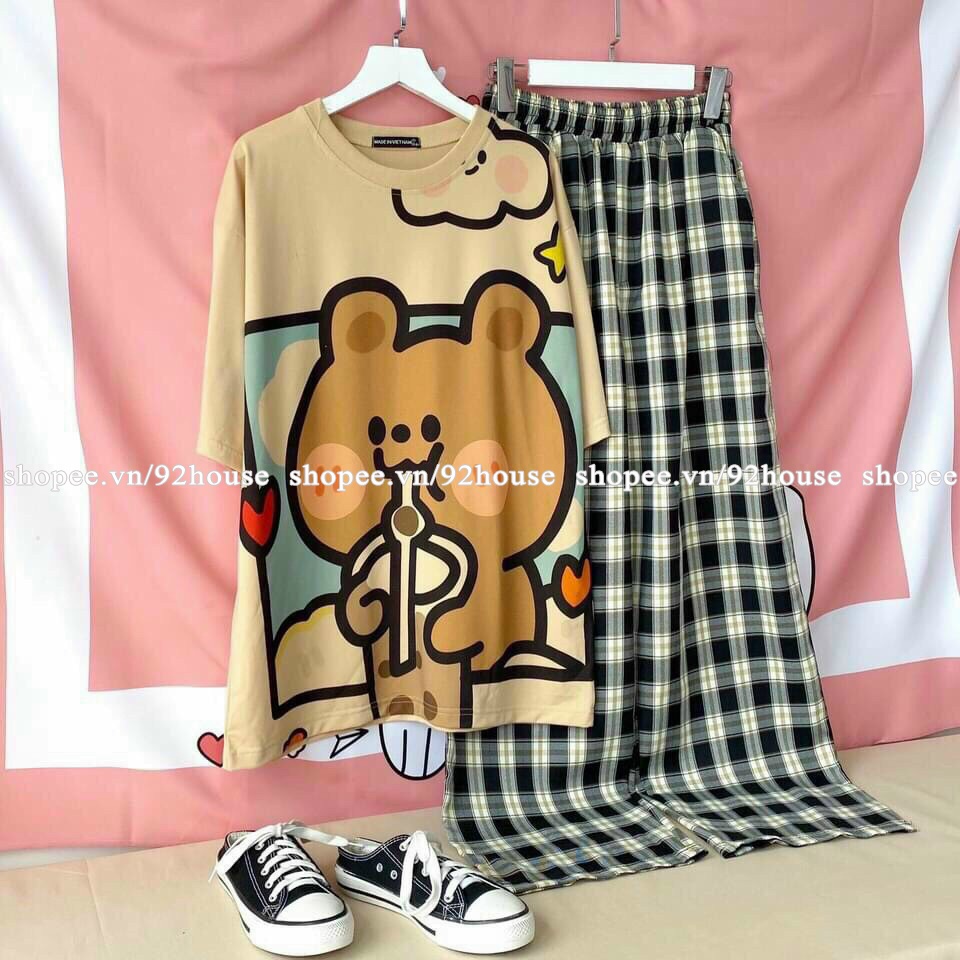 Set đồ bộ quần dài kẻ sọc caro ống rộng unisex Đồ bộ sọc caro nữ áo phông tay ngắn quần dài kate dáng suông