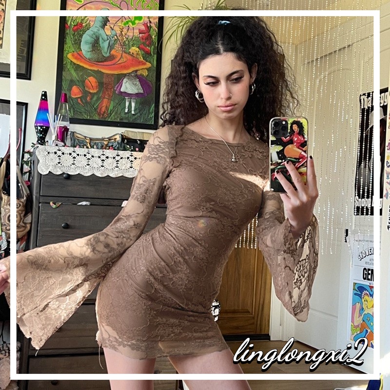 ✫MW✤Women Wrapped Dress, Long Ruffle Sleeve Round Neck See-Through Mesh Lace Casual Party Spring Fall Midi