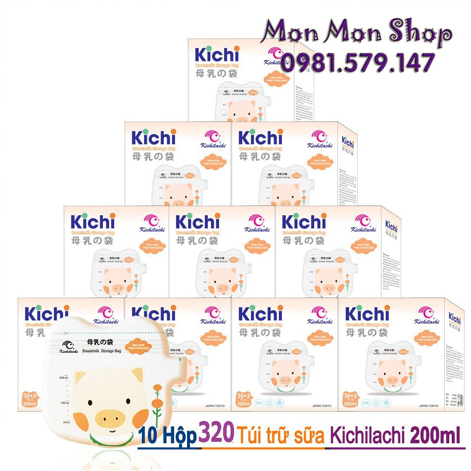 Combo 10 hộp túi trữ sữa mẹ Kichilachi 200ml con heo có vòi cắt