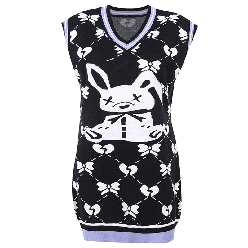 Áo Len Không Tay Cổ Chữ V In Họa Tiết Động Vật Dễ Thương Dành Cho Nữ