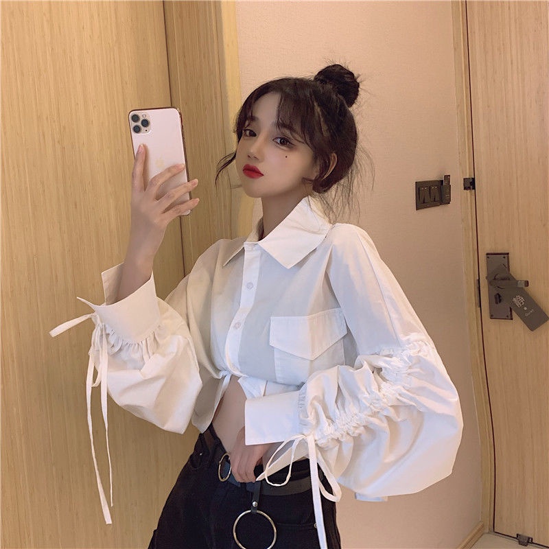 Áo sơ mi tay phồng dáng rộng phối dây rút thời trang mùa xuân mới cho nữ