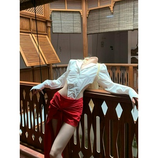 Shanmieleng Niche Design Gợi Cảm Hot Girl Áo Sơ Mi Dài Tay Top Không Đều Hông-Covered Váy Hai Mảnh Nữ Mùa Hè