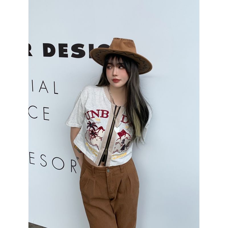 Áo thun cardigan ngắn tay dáng ôm phong thời trang xuân cách retro Mỹ đường phố cá tính
