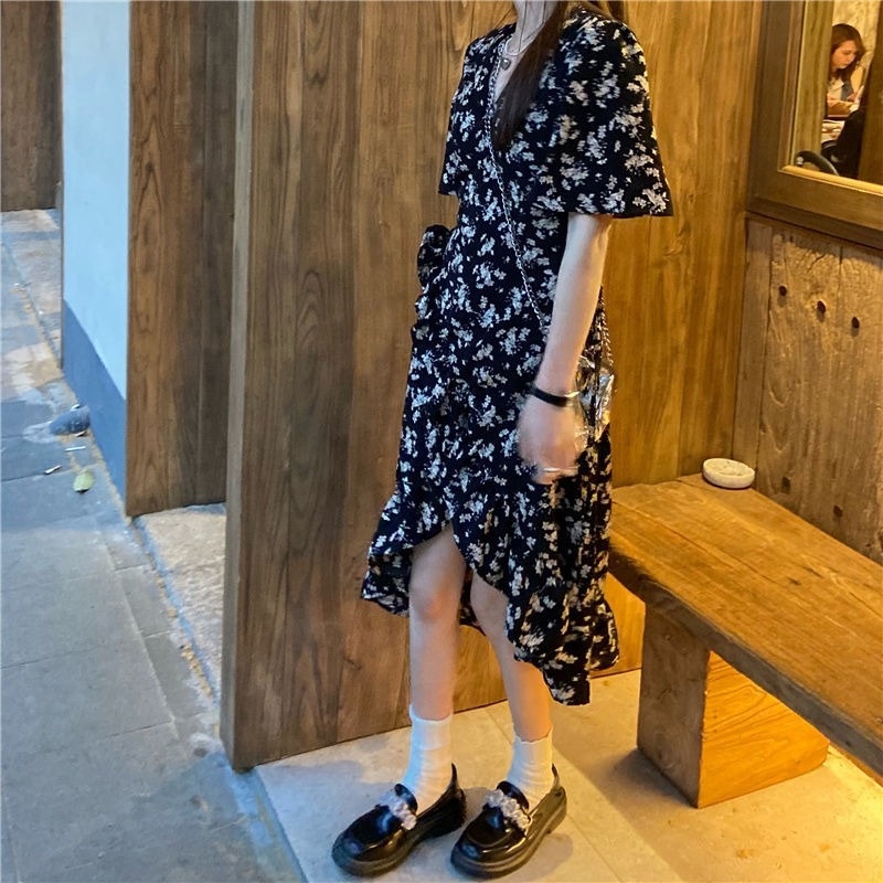 Đầm Tay Ngắn Eo Cao In Họa Tiết Hoa Phong Cách Hàn Quốc Thời Trang Mùa Hè