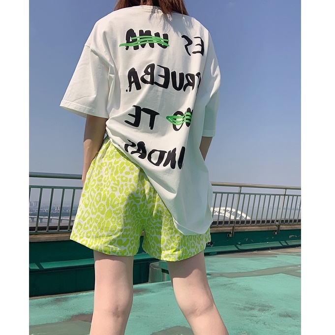 Quần Short Thể Thao Lưng Cao Ống Rộng Họa Tiết Da Báo Màu Xanh Lá Huỳnh Quang Phong Cách Hàn Quốc Dành Cho Nữ