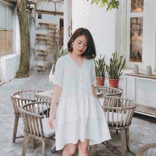 Đầm babydoll trắng tầng cột eo