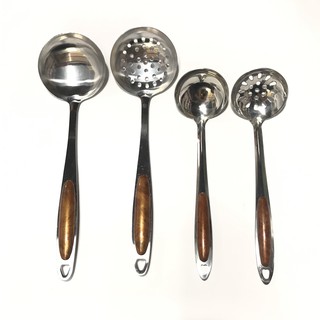 Combo muôi inox ăn lẩu - Muôi canh và muôi thủng lỗ cán gỗ màu nâu