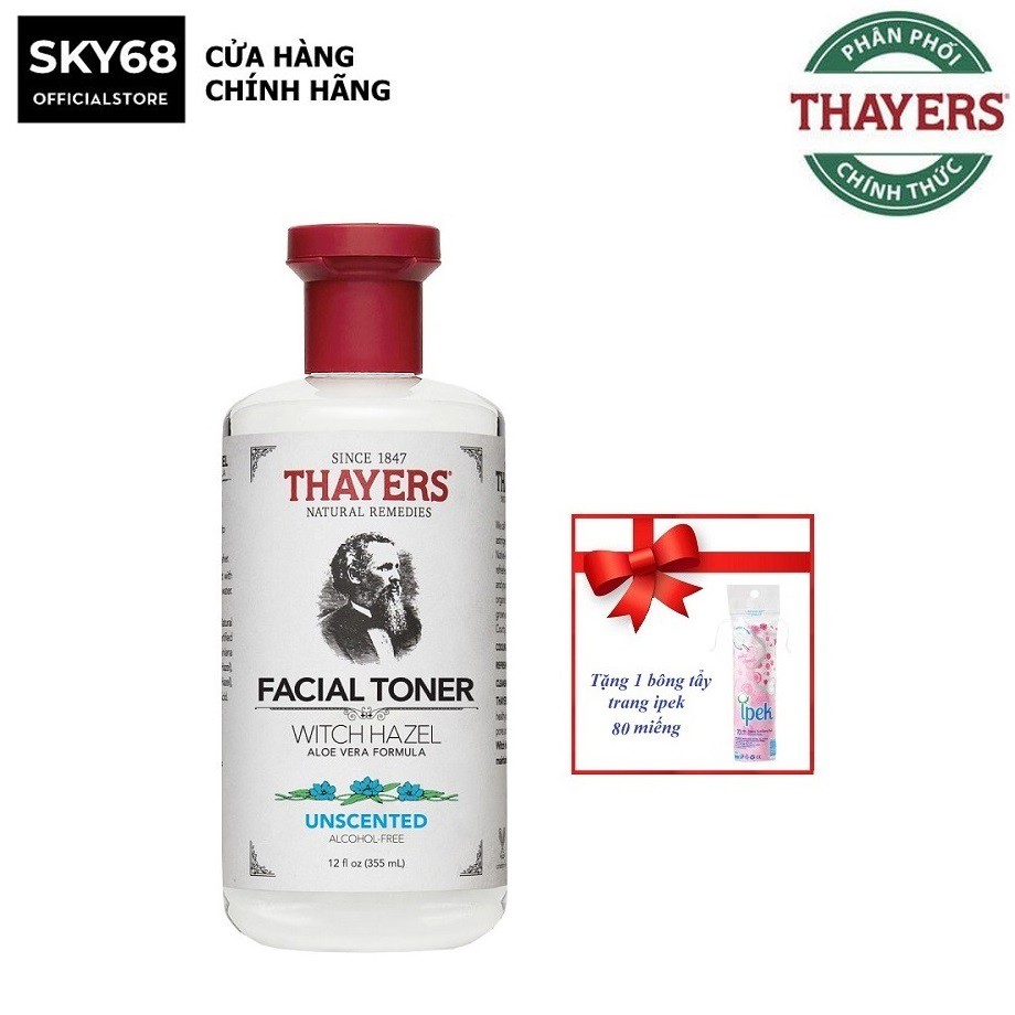 Nước Hoa Hồng Không Chứa Cồn Thayers Alcohol Free Witch Hazel Toner Unscented 355ml + Tặng bông tẩy trang Ipek 80 miếng