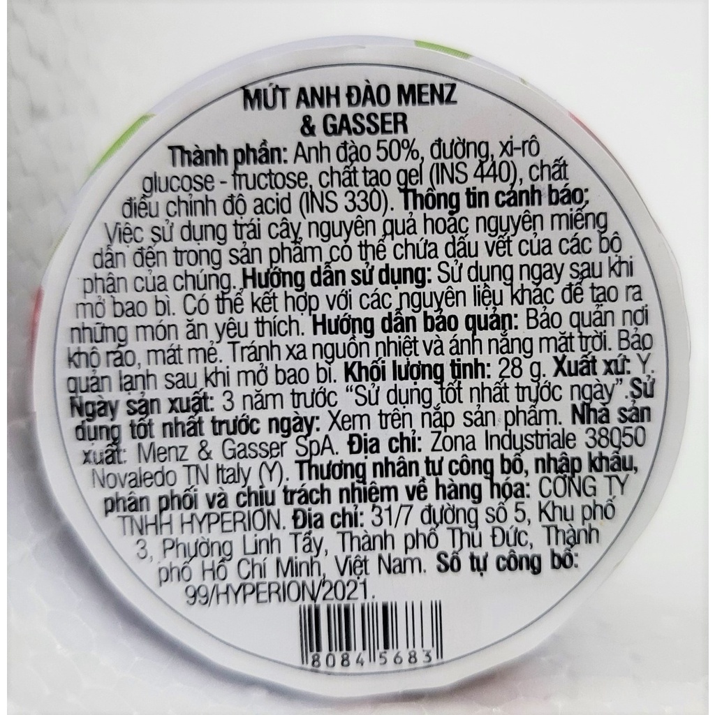 [Lọ mini 28g – CHERRY ] MỨT QUẢ ANH ĐÀO [Italia] MENZ &amp; GASSER Cherry Jam