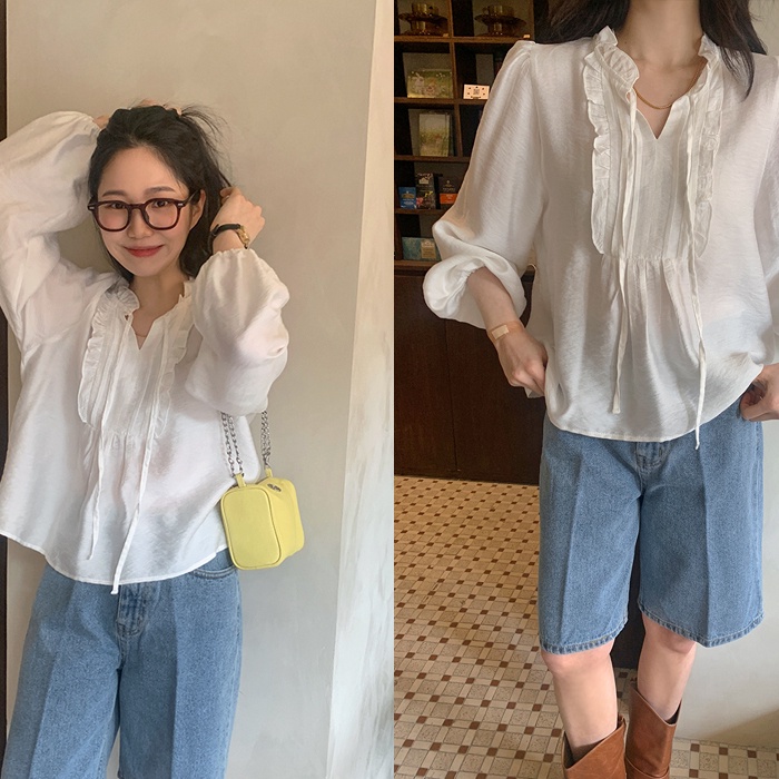 SUXI Áo Sơ Mi Cotton Mềm Dáng Rộng Dài Tay Phối Dây Thắt Phong Cách Hàn Quốc Sành Điệu