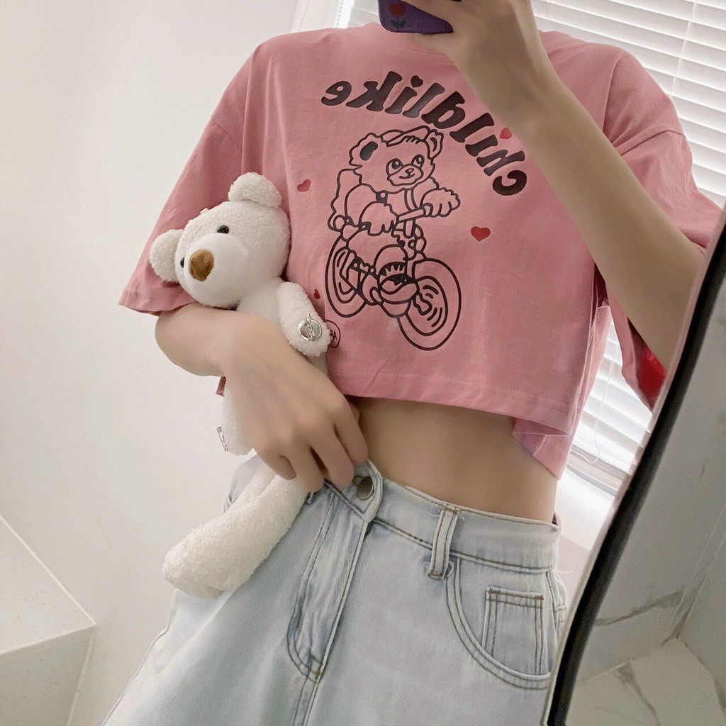 Áo croptop form rộng in LOVE THAT - CHILBLIKE - GẤU HAPPY - Siêu Cute Năng Động kiểu dáng Ulzzang - LUXCYStore