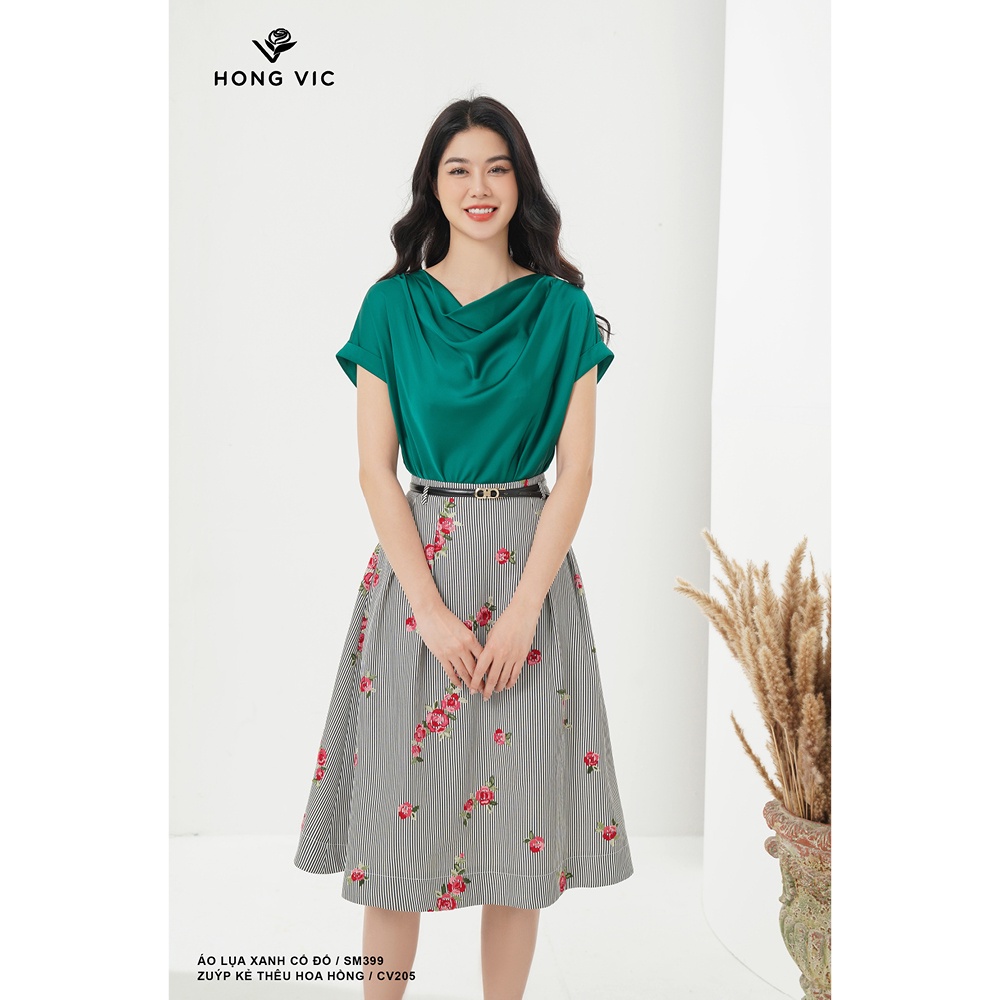 Chân váy nữ thiết kế Hong Vic kẻ thêu hoa hồng CV205
