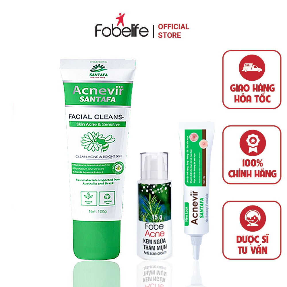 Combo Giảm mụn bọc Acnevir Santafa : Sữa rửa mặt 100gr + Kem Giảm mụn bọc 10gr + Kem ngừa thâm mụn 15gr