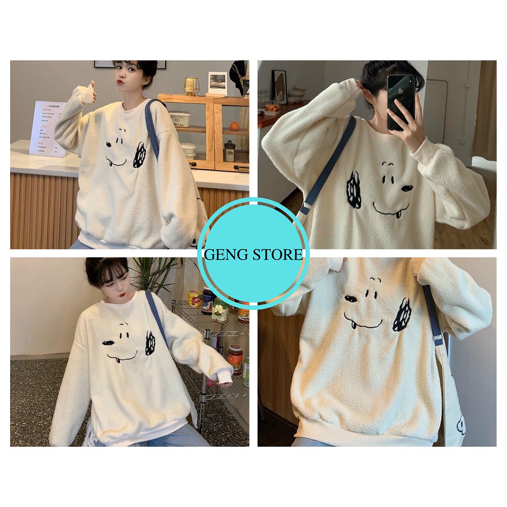 Áo Sweater Lông Hình Cún Cao Cấp, Áo Nỉ Lông Nữ In Hình Dáng Rộng Dài Tay