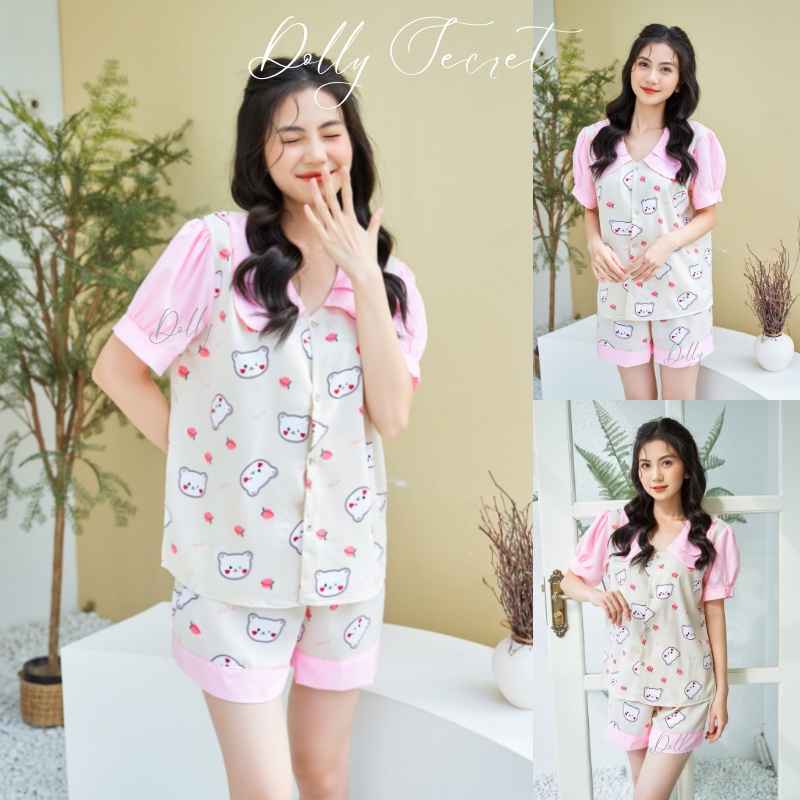 Bộ mặc nhà Pijama lụa mango tay cộc quần đùi DOLLY SECRET phối họa tiết dễ thương tay bồng cổ kép