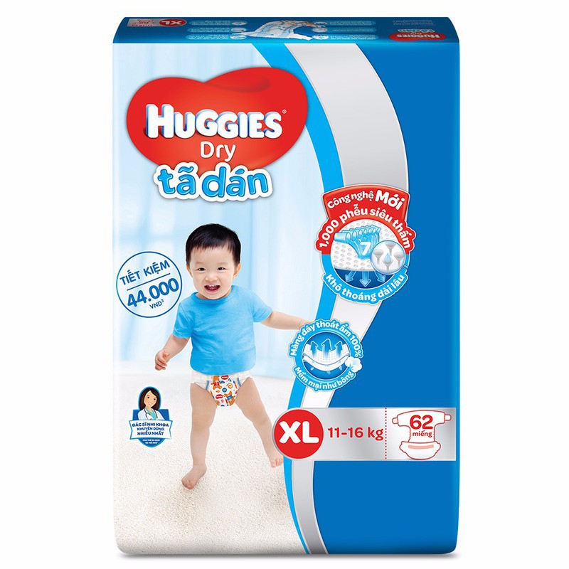 Tã dán Huggies Dry size M76 - L68 - XL62 - XXL56 khô thoáng mẫu mới